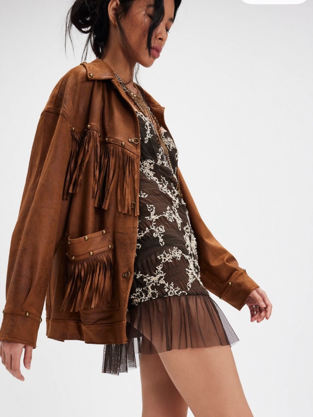 We The Free Knox Vegan Fringe Leather Jacket in Oiled Oak